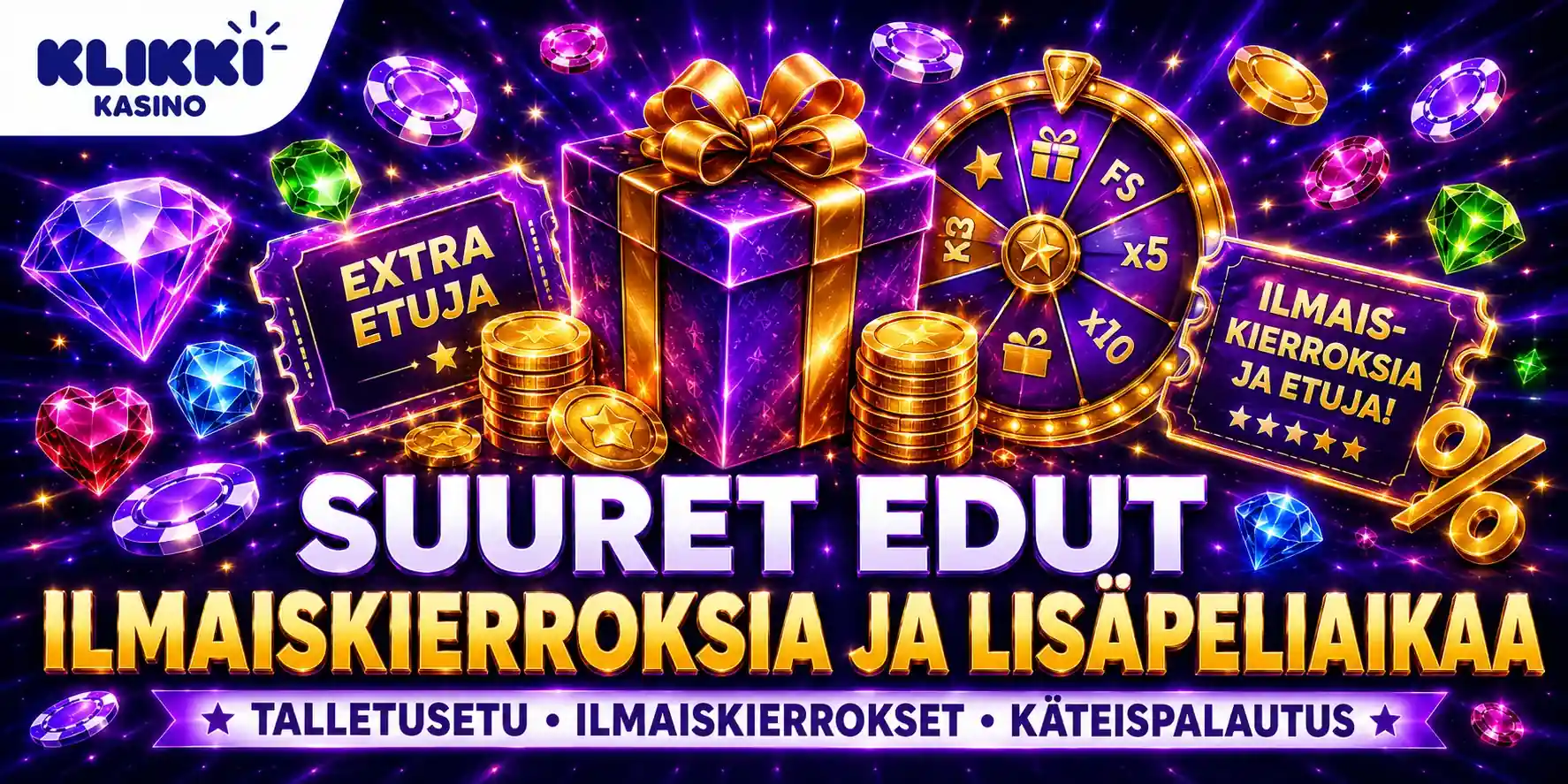 Suuret bonukset ja ilmaiskierrokset Klikki kasinon ilmaiskierroksia ja lisäpeliaikaa tarjoavat bonukset